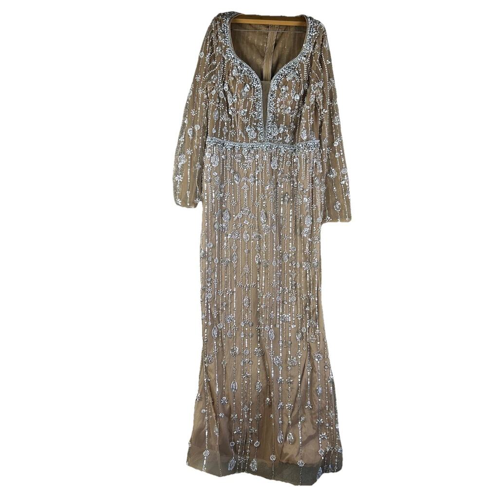 Nude Embellished Bejeweled Beaded Long Sleeve Gown Dress Fitted Sz XL Pageant